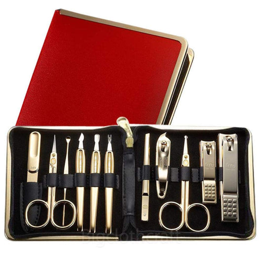 Korean Nail Clipper! World No. 1 Three Seven (777) Travel Manicure Grooming Kit Nail Clipper Set Gift Set Premium Nail Clipper Set (10 PCs), Made in Korea, Since 1975. (Gold-Red Case)