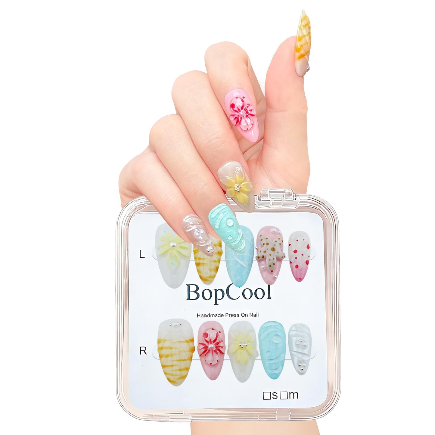 Luxury Handmade Press-On Nails – Medium Almond 3D Flower & Pearl French Tip, Blue Ocean Spring Pattern Reusable Acrylic False Nails (S-10PCS)