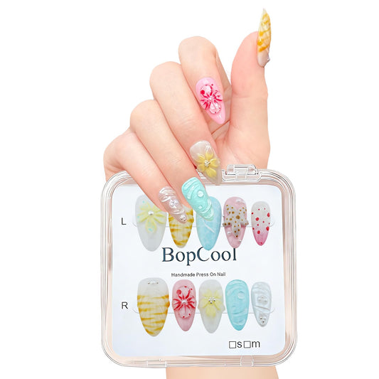 Luxury Handmade Press-On Nails – Medium Almond 3D Flower & Pearl French Tip, Blue Ocean Spring Pattern Reusable Acrylic False Nails (M-10PCS)