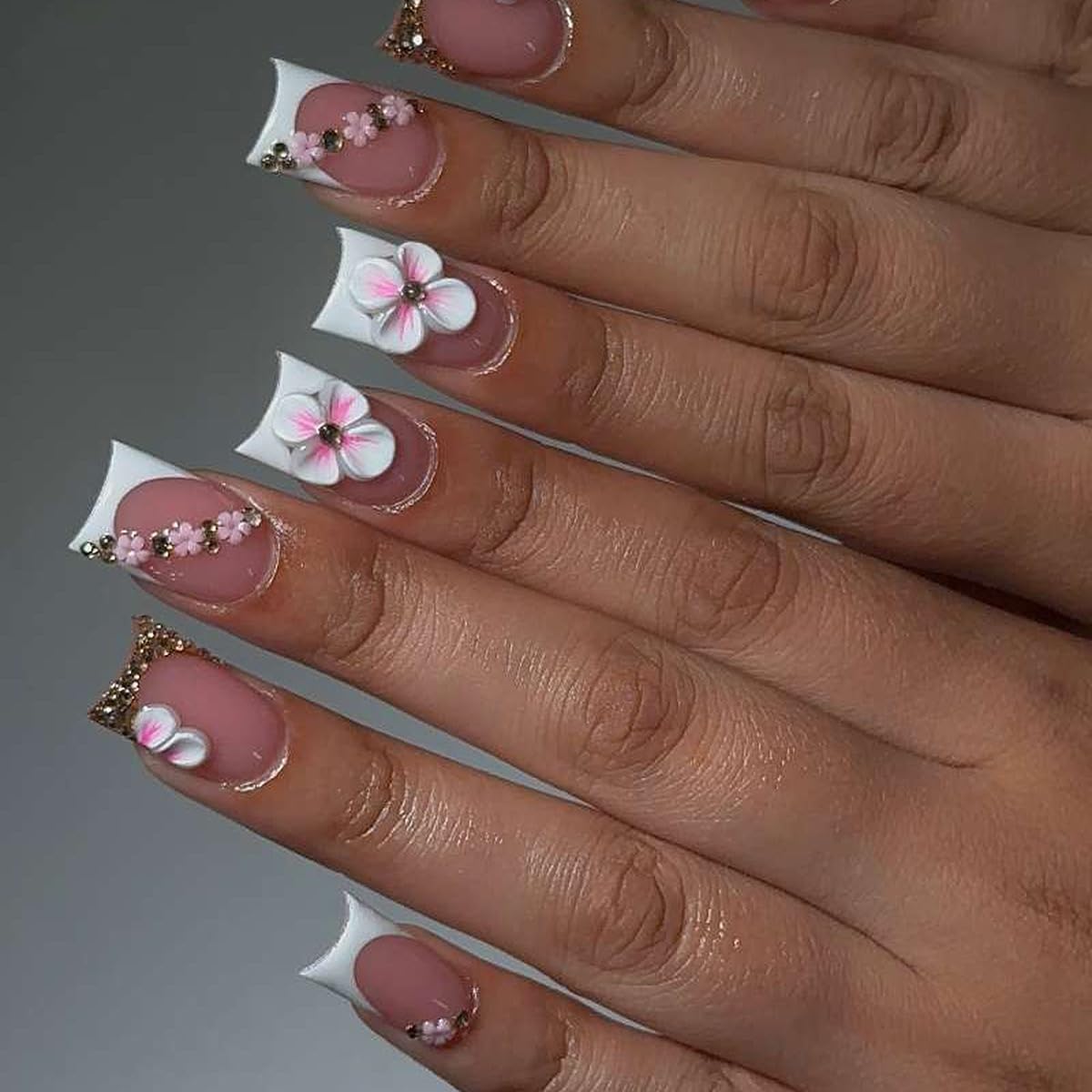 Medium Press on Nails Square - White French Tip Fake Nails with Flower Design - Floral Charms False Nails Press ons - for Women Manicure 24Pcs
