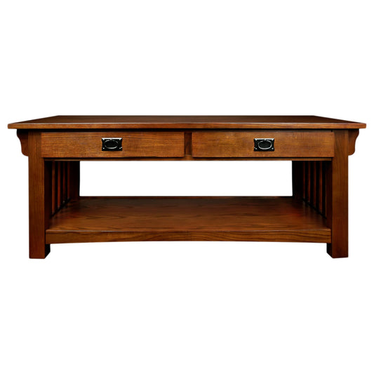 Leick Home Mission Impeccable Coffee Table, Solid Wood with 2 Drawers & Shelf, Medium Oak Finish, Blackened Hardware, Slatted Sides, Easy Assembly, 48 in W x 24 in D x 19 in H, 8204