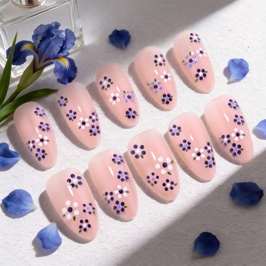 XZMeiLun Spring Summer Purple White Floral Press On Nails Medium Almond Fake Nails, Salon Quality Reusable Acrylic Nails for Women & Girls, DIY Nail Art Gift Kit - 30 PCS 15 Sizes