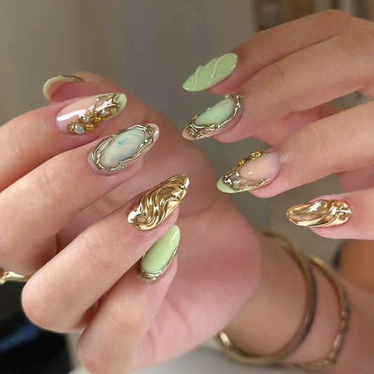 30Pcs Chrome Gold Press on Nails Medium Almond Green French Tip Fake Nails with 3D Rhinestone Design Gold Irregularity Line False Nails Nude Glossy Full Cover Gilded Artificial Glue on Nails for Women