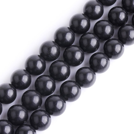 GEM-Inside 8mm Natural Black Russian Shungite Polished Round Stone Chakra Beads for Jewelry Making Full 15" Strand Power Energy Healing Stone