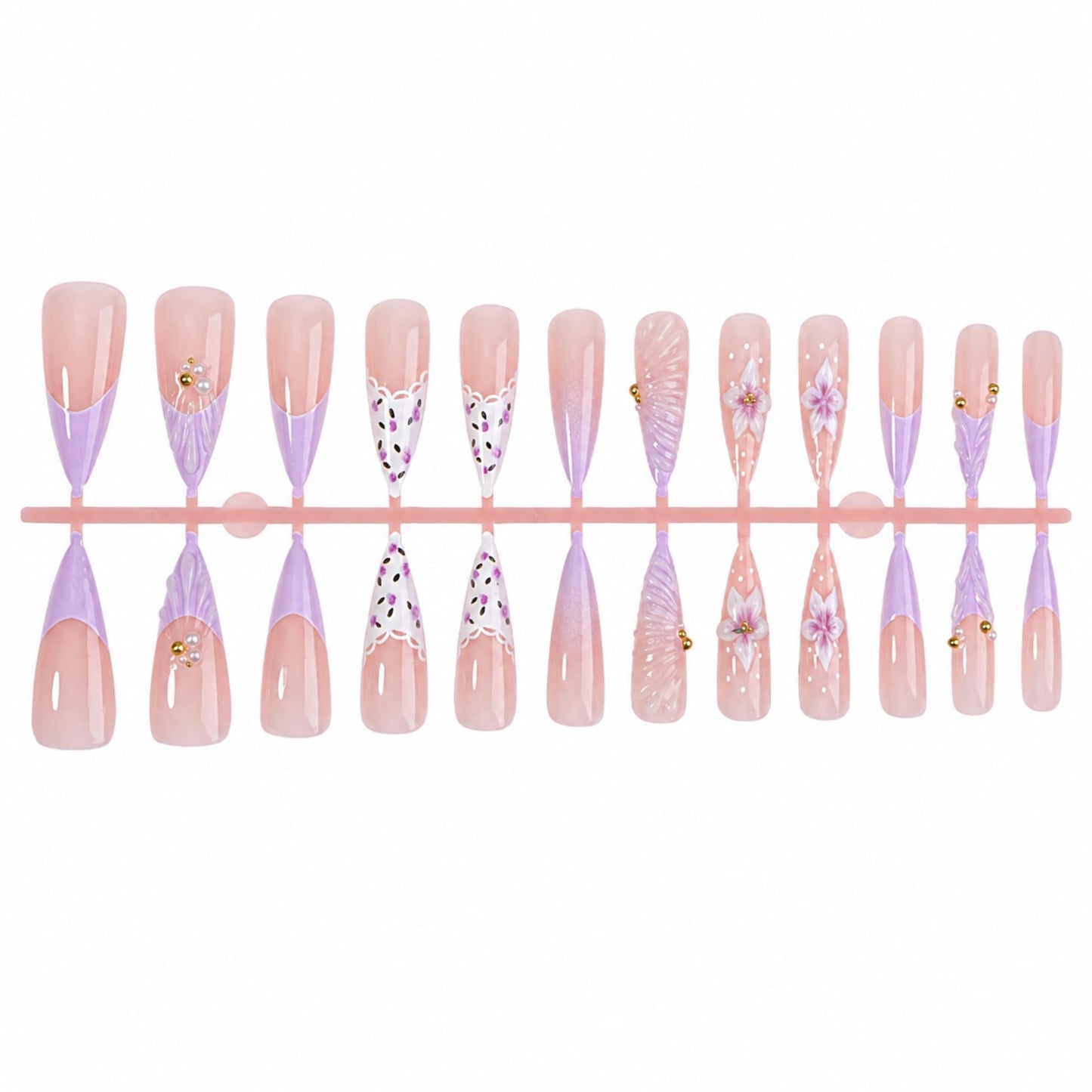 Long Press on Nails Almond Fake Nails Lavender Artificial Nail 3D Flower Shell Tip Pearl Gold Bead Floral French Glossy Stick on Nail Fairy Garden Look for Women 24pcs