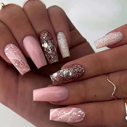 YoYoee Long Coffin False Nails Marble Nails Press on Nails Bling Fake Nails Acrylic Ballerina Nails Tips for Women and Girls 24PCS