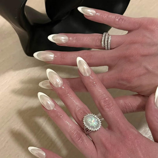 Pearl White French Tip Press On Nails Almond Soft Gel Fake Nails, Glossy Milky White Elegant Glue On Nails, Reusable Minimalist False Nails for Women, Salon Quality 24PCS