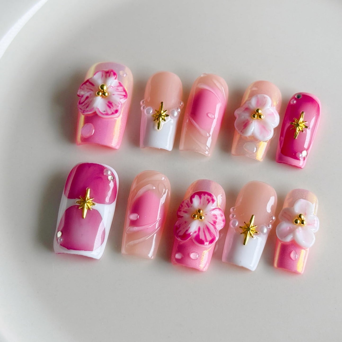 Haozerart Handmade Acrylic Press on Nails, Medium Square French Tip Fake Nails, Glossy Pink with 3D Floral & Pearl Design, Salon Quality Reusable Nails, 10Pcs (M Size)