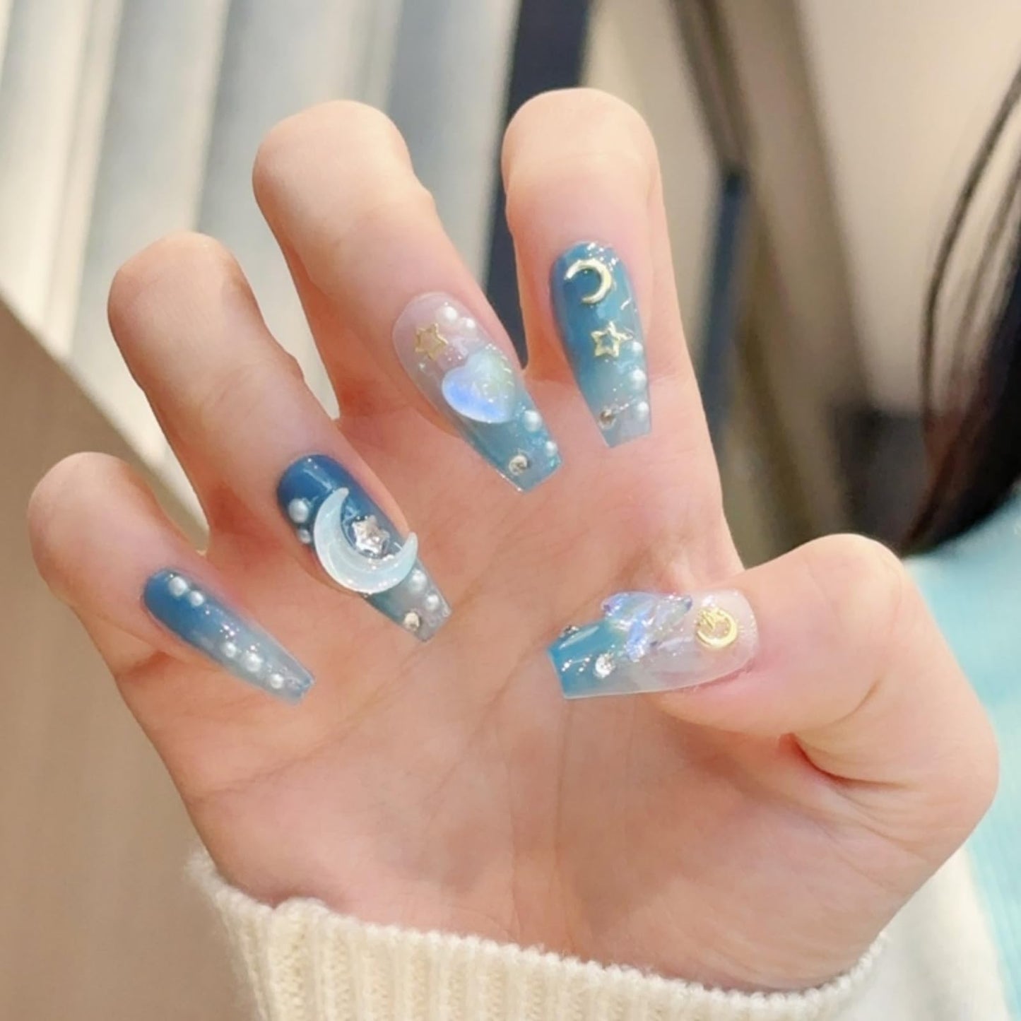 RENBING handmade press on nails short coffin,fake nails with designs,10 pcs high hardness acrylic nails press ons,3d cute false nails for women-Mermaid Ocean(S)