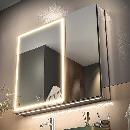 GANPE LED Lighted Bathroom Medicine Mirror Cabinet with Sockets & USBs, Anti-Fog Dimmable Light and Color Adjustment, Easy to Install Aluminum Cabinet (30 * 28 Two-Door)