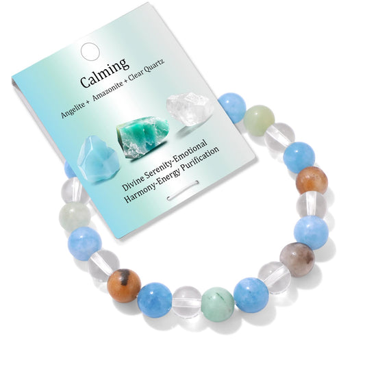 Bolinailo Healing Crystal Calming Bracelet 8mm Crystal Beaded Bracelet for Women Men Natural Stones of Angelite, Amazonite and Clear Quartz Handmade Gemstone Reiki Spiritual Jewelry Gifts