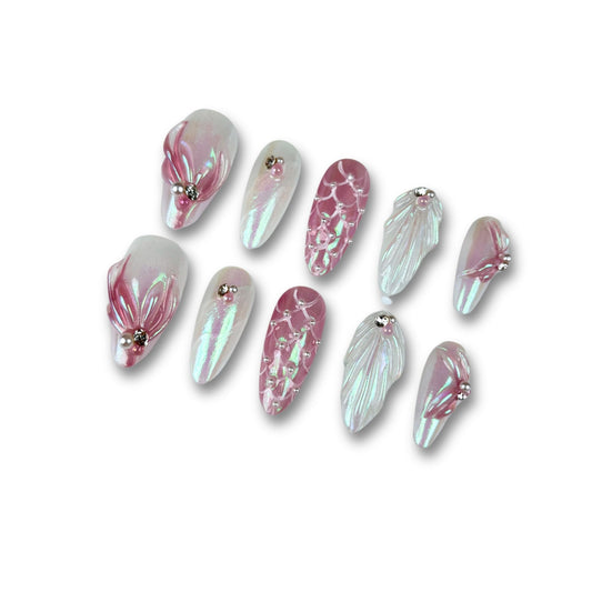 Yabonica 10PCS Handmade Unique 3D Almond Press-On Nails Salon Designs, Thick Acrylic Multi-Layer Gel False nails,UV/LED-Cured Reusable Sturdy Cat Eye Fake Nails for Women(048M)