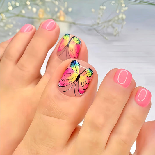 Spring Press on Toenails Pink Fake Toe nails with Yellow Butterfly Design Glossy Short Square Toe nails Press ons Acrylic Stick on Toenails for Women 24Pcs