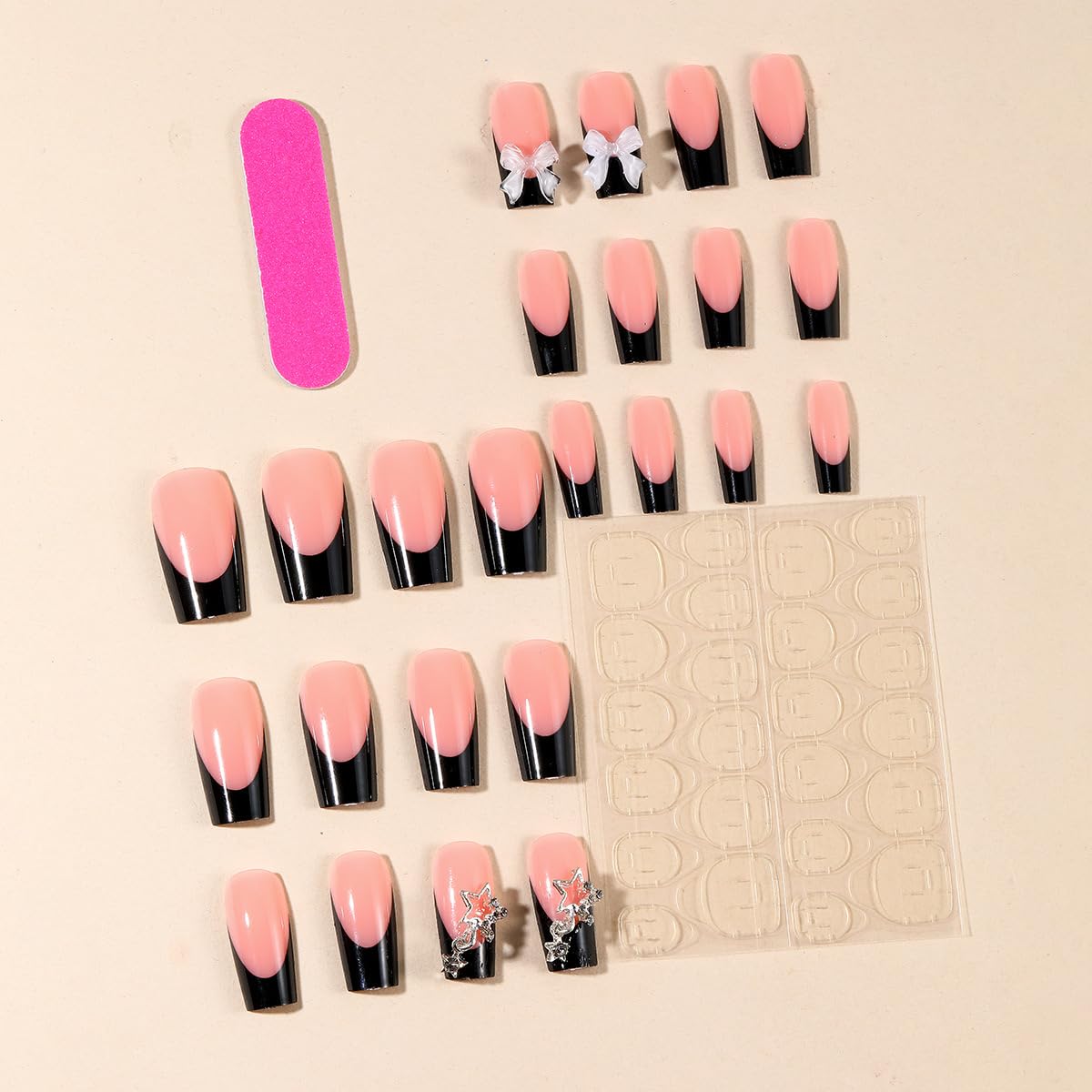 Medium Press on Nails Coffin Fake Nails Black French Tip False Nails with Bow Star Charms Design Glue on Nails Glossy Full Cover Stick on Nails Elegant Acrylic Nails Press ons for Women Manicure 24Pcs