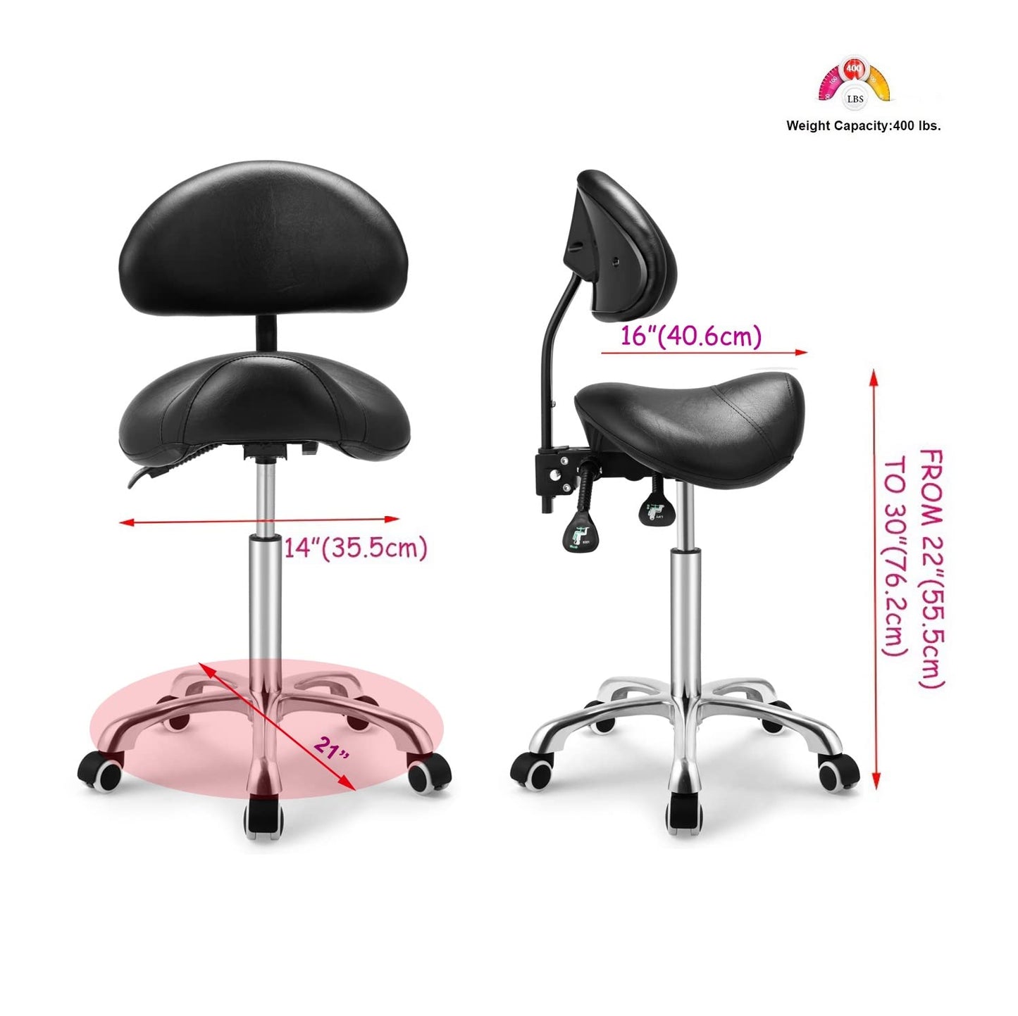 Kaleurrier Saddle Stool Rolling Swivel Height Adjustable with Wheels,Heavy Duty Anti-Fatigue Ergonomic Saddle Chair for Hair Beauty Salon Lab Dental Massage Office Home Kitchen(with Back, Black)
