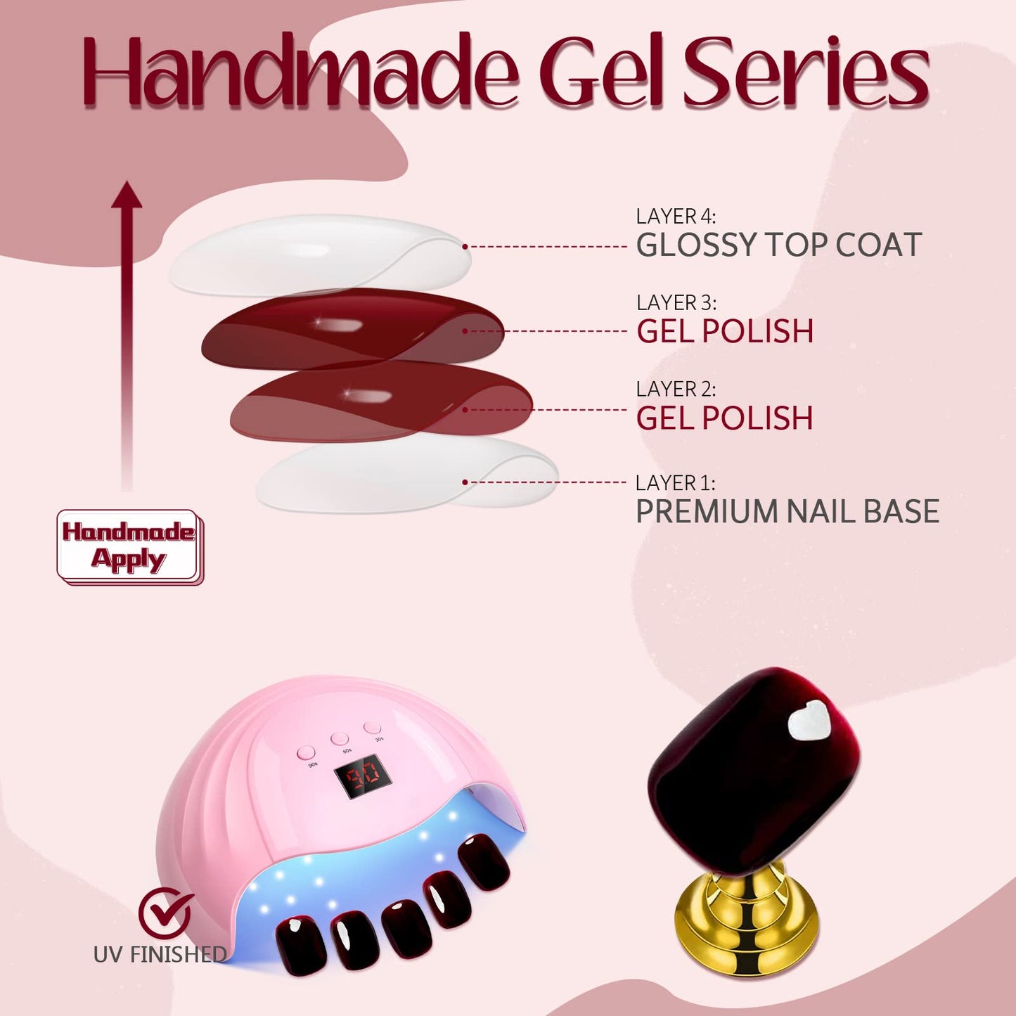 GLAMERMAID Cherry Red Press on Nails Medium Almond, Handmade Jelly Soft Gel Burgundy Emo Dark Red Glue on Nails, Pure Black Short Oval Stick on Nails Gel, Acrylic False Fake Nails Kit for Women
