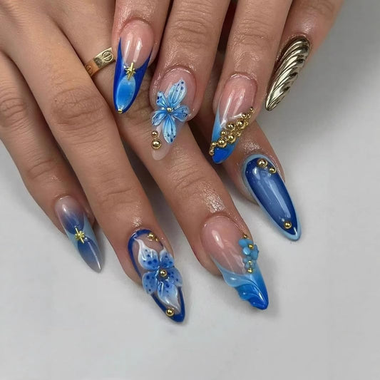 24Pcs Blue Flower Press on Nails Long Stiletto Fake Nails with Gold Rhinestones Design Almond Nails Press ons French Tip False Nails Full Cover Summer Glue on Nail Handmade Acrylic Nail for Women