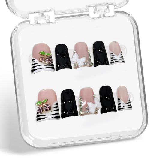 Duck Press on Nails Short Handmade 3D Flower & Cherry Fake Nails Muti-Layer Gel Thick Acrylic Nail Stripe French Tip False Nails with Designs Rhinestones Glossy Black Stick on Nail for Women（M）