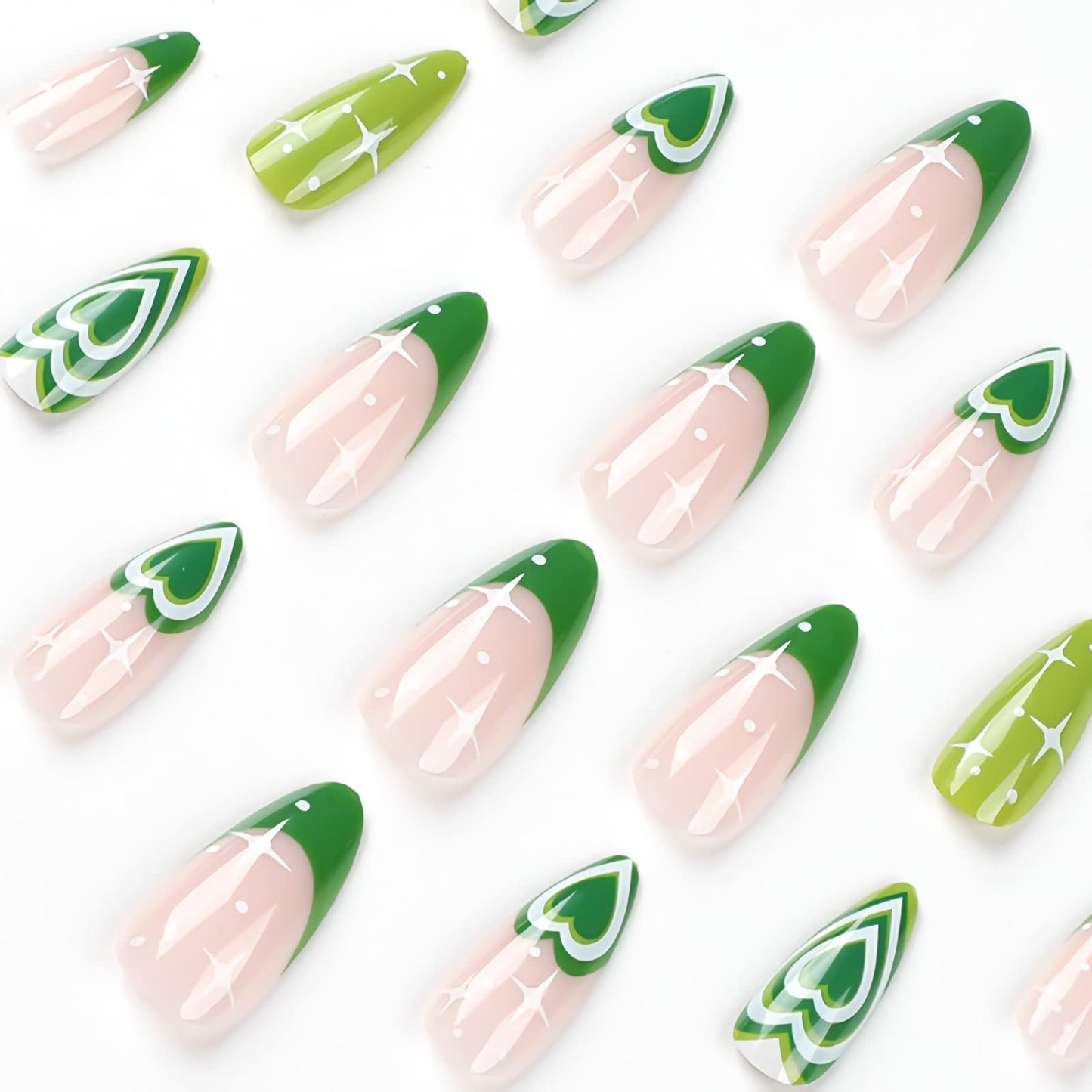 BABALAL Press on Nails Medium Fake Nails Almond Glue on Nails Acrylic Nails Green Swirl Stick on Nails 24Pcs Stiletto Nails for Women and Girls