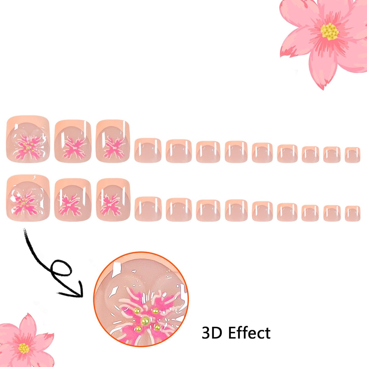 24Pcs Summer Press on Toenails Short Square Fake Toe Nails with 3D Flower Design French Tip False Toenails Pink Flower Glue on Nails Glossy Nude Full Cover Acrylic Toenails for Women