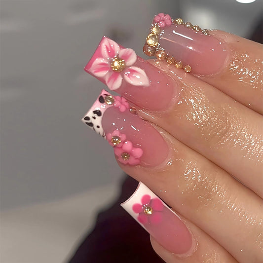 BABALAL Pink 3D Flower Press On Nails, Medium Long Square Fake Nails with Rhinestone & Cow Print, Glossy Acrylic Full Cover Stick On Nails for Women 24Pcs