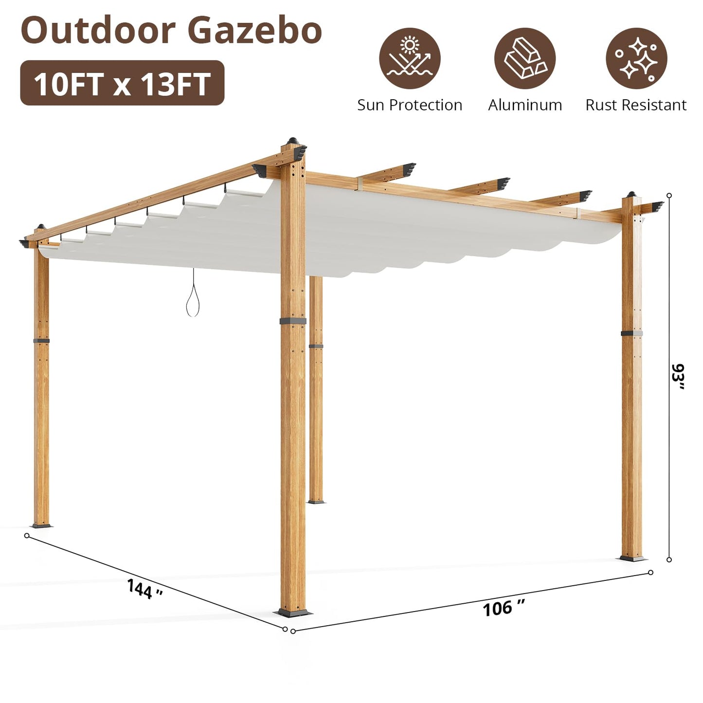 BouPower 10 x 13 ft Aluminum Pergola with Adjustable Canopy, Outdoor Metal Pergola, Imitation Wood-Grain Sun Shade Shelter for Garden Patio Backyard Deck