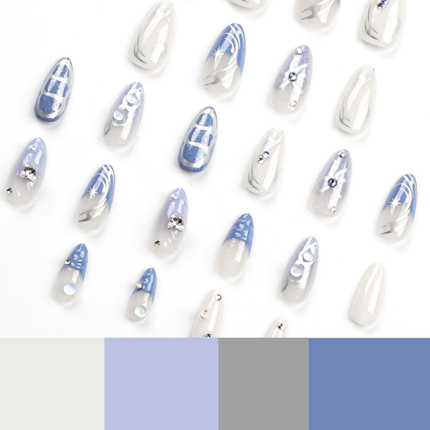 24Pcs Blue French Tip Press on Nails Medium Almond Fake Nails 3D Rhinestone Design French Press On Cute Bow False Nails y2k Silver Star Chrome Full Cover Artificial Glue on Nails for Women