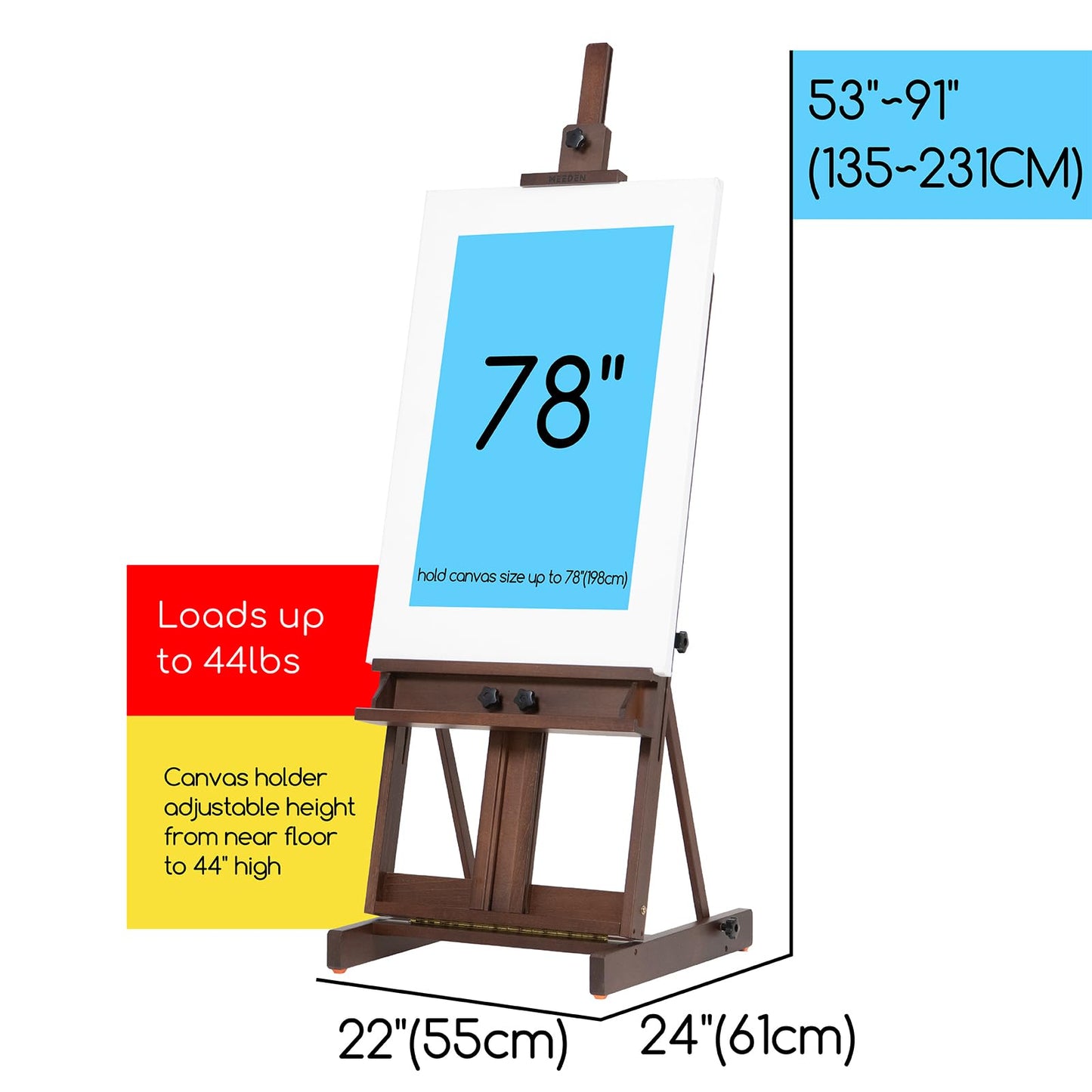 MEEDEN Heavy Duty H-Frame Studio Easel Stand, Large Adjustable Solid Beech Wood Artist Easel for Painting, Holds Canvases up to 78" with Storage Tray- Walnut