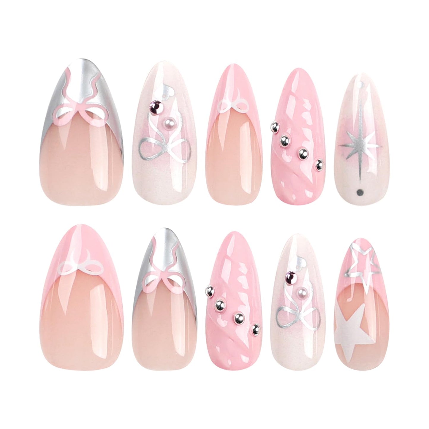 24Pcs French Tip Nails Medium Almond Fake Nails Tips Cute Bow Rhinestones Glitter Designs 3D Pink False Nails Silver Star Stick on Nail Full Cover Glue on Artificial Nail for Women Manicure