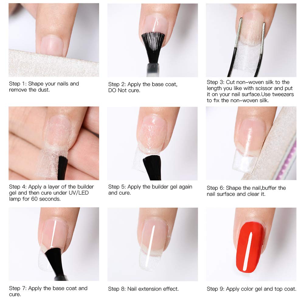 Fiberglass Nail Extension Gel Kit Gel Nail Builder Extension Fiber Nail Kit with Magical Silk Fiberglass, Quick Building Gel, Nail File, Tweezers, Scissors, Nail forms for Gel Extension Nail Art
