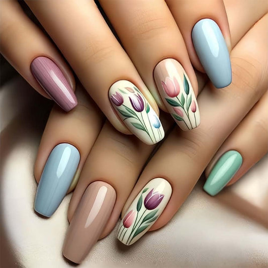 Long Press On Nails Coffin Fake Nails Flower False Nails With Tulip Design Blue Acrylic Full Cover Artificial Glossy Glue On Nail Summer Stick On Nail For Women Spring Manicure 24pcs