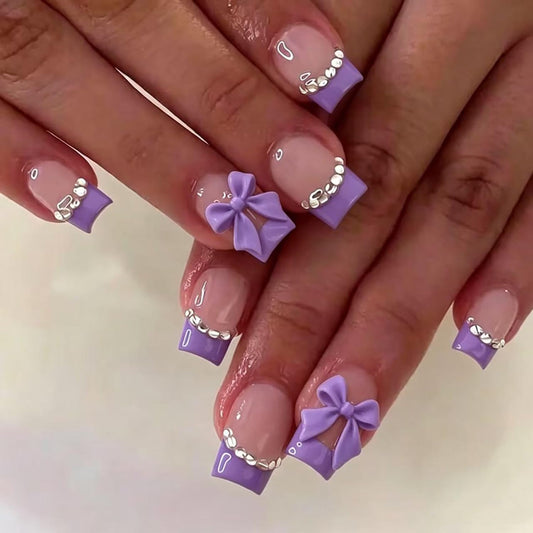 Purple French Tip Press on Nails Square Fake Nails with Rhinestone Designs Medium Nails Press ons Bow Full Cover Stick on Nails Soft Artificial Acrylic Nails 24Pcs,12 Size Women Girls Art Kit