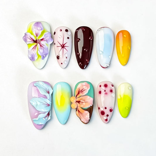 RIICFDD Handmade Press on Nails Medium Almond Thick Acrylic Nails,Tropical Flower Art Fake Nails with Water Droplet Pattern Designs Nature Stick on Nail False Nails for Wome (Size S)
