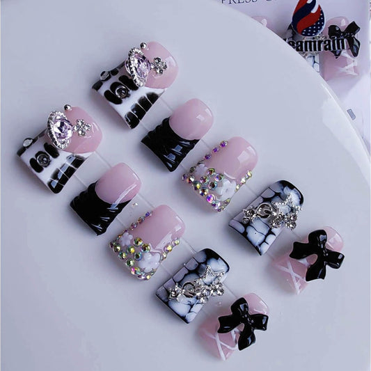 Gleamrain Handmade Press on Nails Duck Fake Nails Pink and Black Design with Rhinestones and Bow and Flower for Women 10pcs M Size Pattern 1101