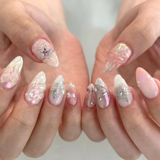 French Tip Press on Nails Medium Almond Star Bow Flower Fake Nails with Rhinestone Designs Pink Glitter Stars Bows False Nails Full Cover Artificial Glue on Nails Handmade Stick on Nails for Women