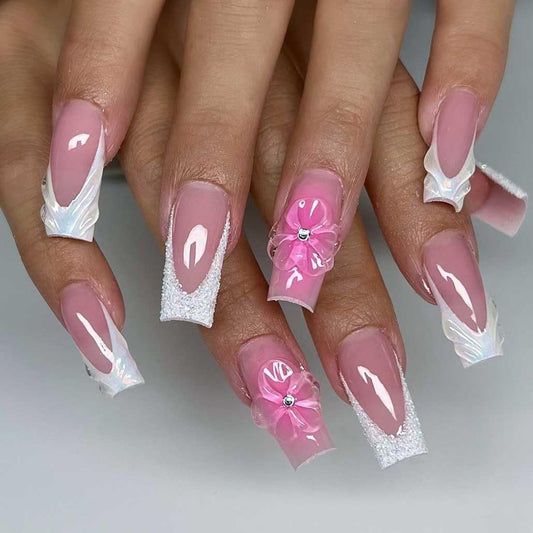 Foccna French Press on Nails Medium Long Pink Fake Nails Square Bling Glossy 3D Flower Design False Nail Tips Artificial Nails Finger Manicure for Women and Girls-24pcs