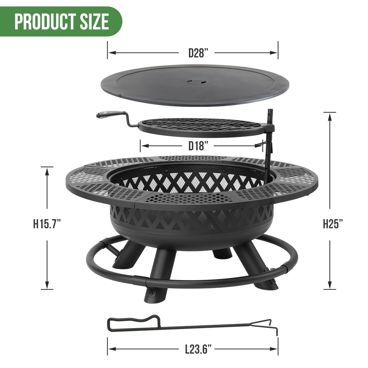 Panovue 42 Inch Outdoor Fire Pit with Grill, Large Firepit Table for Outside, Metal Round Firepits with Lid&Fire Poker,3 in 1 Wood Burning Fire Pits & Outdoor Fireplaces for Backyard,Patio(42'' Black)