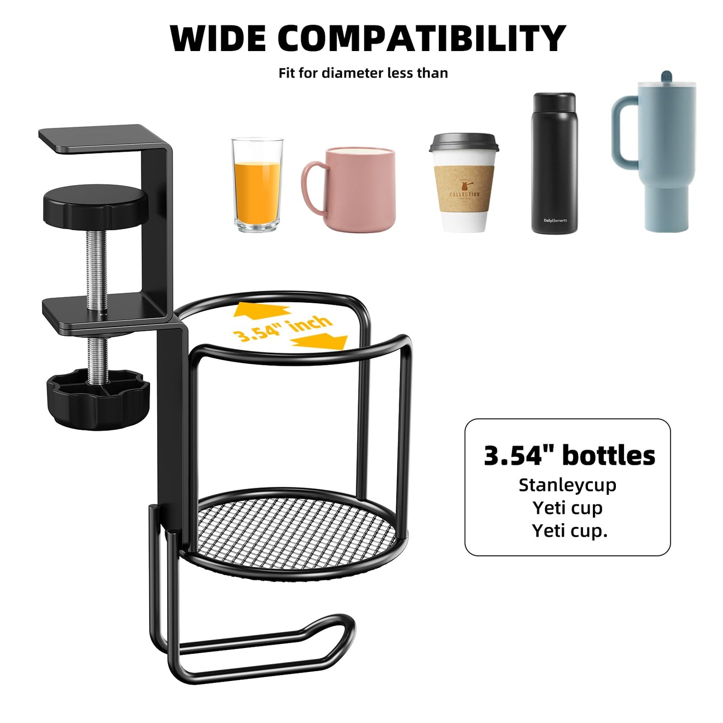 CABTE 2 in 1 Desk Cup Holder with Headphone Hanger Holder, Anti-Spill Clip-On Table Cup Hook with 360° Rotation for Lawn Chair, Office Home Gaming Table (1 Pack)