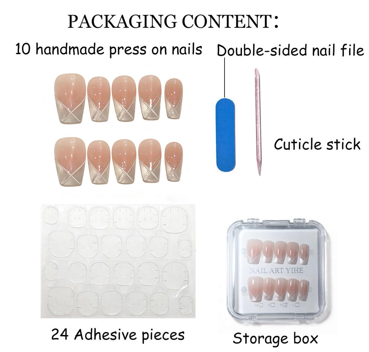 10Pcs Short Coffin Handmade Press On Nails | Nude Pink Ombre with Silver Glitter & Crisscross French Decor | Easy to Apply, Remove & Reusable, Salon-Quality (RR02, M)