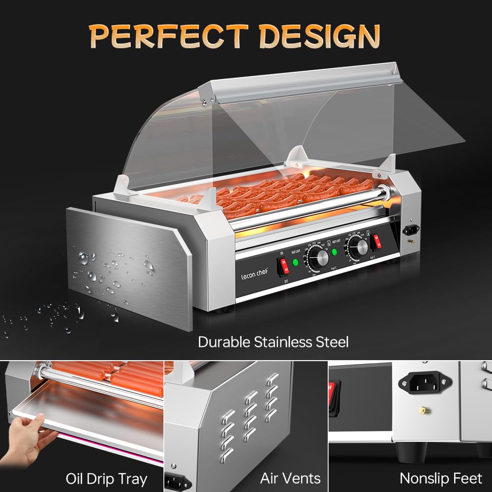 Leconchef Hot dog roller machine Commercial Grade Stainless Steel Electric 24 Hot Dog 7 Roller Grill Cooker Machine with Detachable Glass Cover、Dust cover and LED Lights, 1200-Watts