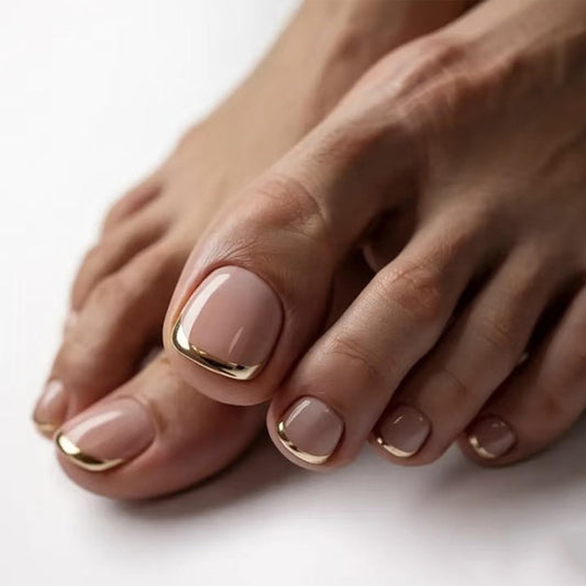 Gold French Tip Press on Toenails Short Square Fake Toe Nails Glossy Acrylic Toe Nail Press ons Reusable Toenails Press on Nails Artificial Glue on Toe Nails for Women 24Pcs