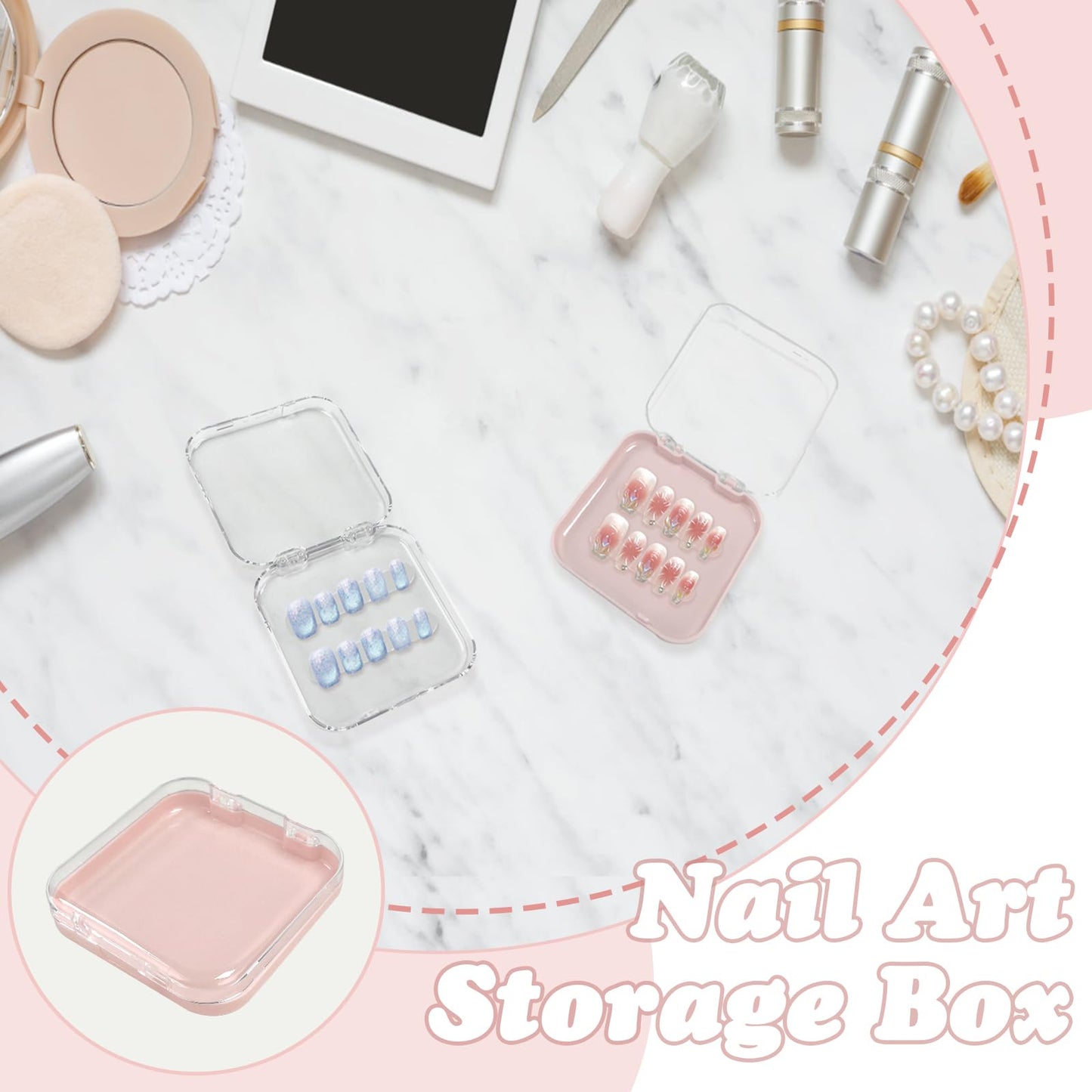 Huakaile 20 Packs Press on Nail Case with 72 PCS Adhesive Double Sided Tape, 2.95''/7.5 CM Press on Packaging for Nails Box Storage Organizer Container Display Artificial Art Supplies (A)