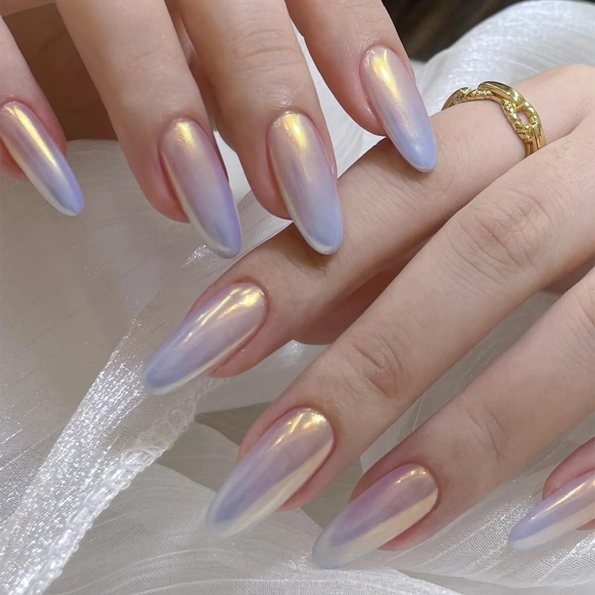 30Pcs Almond Press On Nails - Supremely Fit & Natural Soft Gel Almond Nails,15 Sizes, Reusable Fake Nails Kit with Gift Box for Women (Champagne)