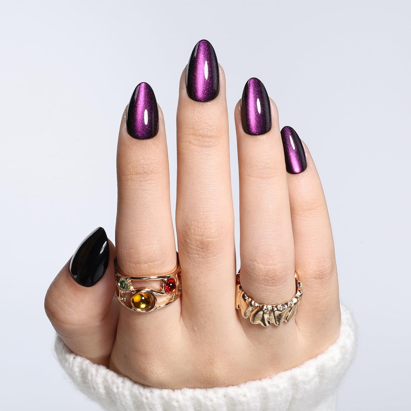 Leefrei Purple Cat Eye Press on Nails - Short Almond Cat Eye Nails, Soft Gel Violet Reusable Glossy Fake Nails Press ons for Women, 32 pcs in 16 Sizes False Nails Kit with Glue, Violet Mirage