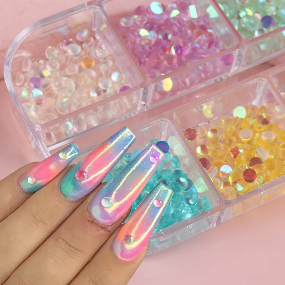 Aurora Mermaid 3D Bubble Beads Nail Charms, 6 Grids Mixed Color Crystal Gems, Flatback Rhinestones for DIY Nail Art