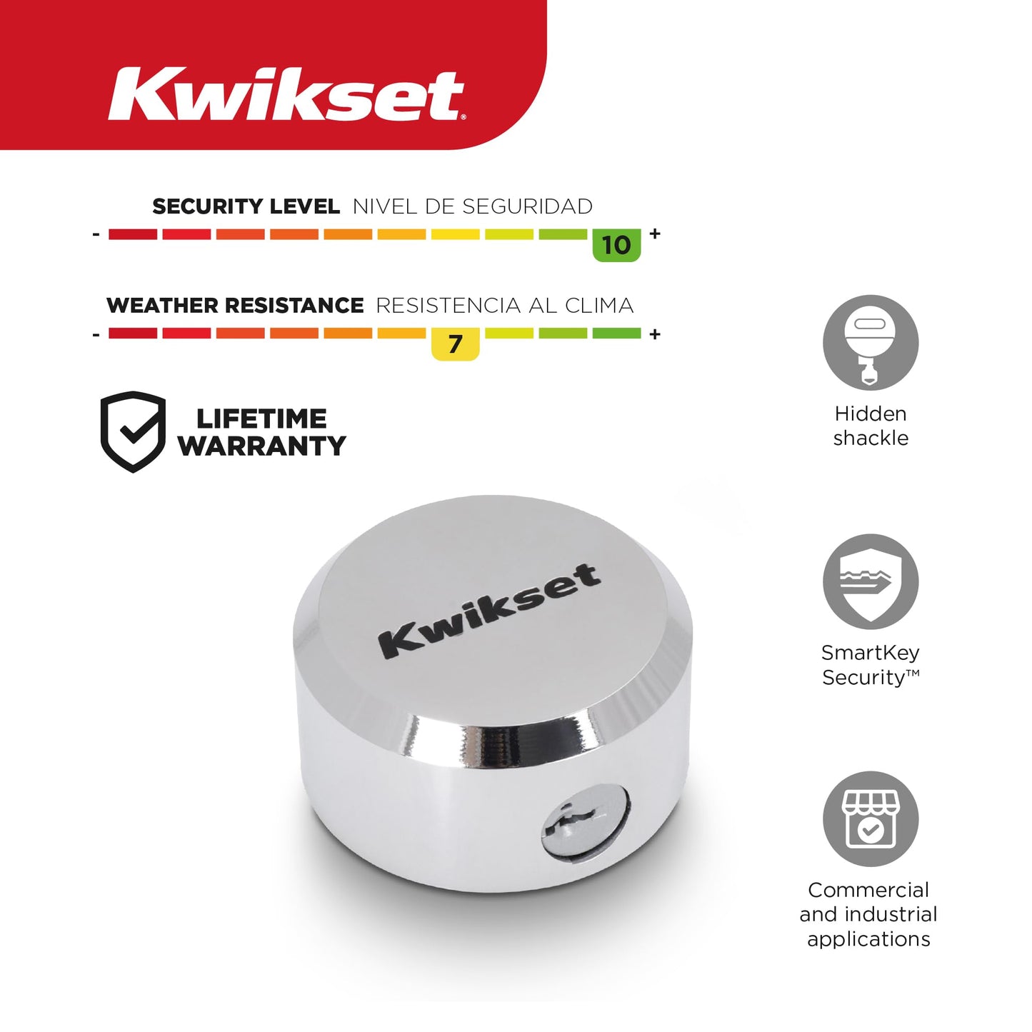 Kwikset SmartKey Re-Keyable Hidden Shackle Padlock, Hardened Steel, High Security Van and Gate Lock, 2-7/8 in Body, 1 Pack, Silver