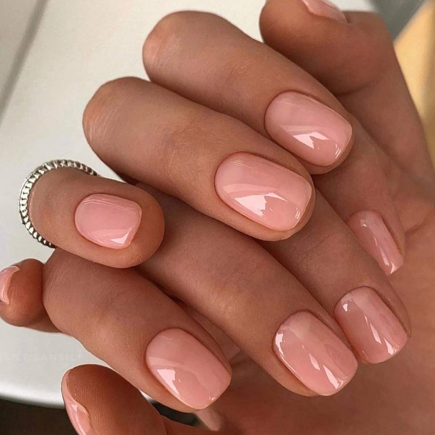 GLAMERMAID Nude Pink Press On Nails Short Almond, Handmade Jelly Soft Gel Nails Round Oval Fake Nails, Jelly Soft Gel Fake Nails Round Squoval, Extra Short Square Natural Nude Pink False Nails Tips