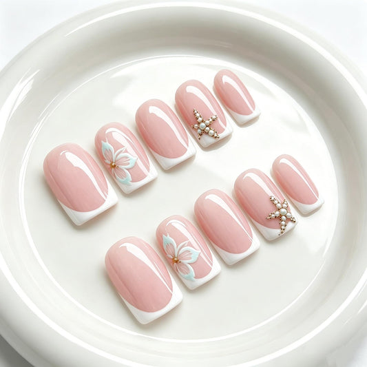 Summer Handmade Press on Nails Beach Starfish False Nails Designs White French Tip Thickened Acrylic Nail Handmade Full Cover Short Square Fake Nails Gradient Stick on Nail for Women (M)