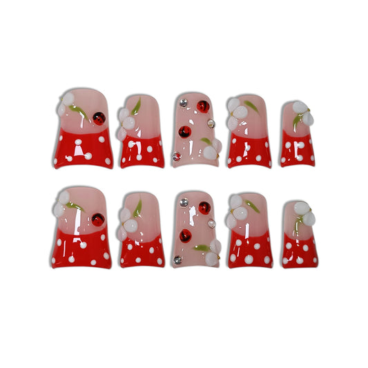 Duckbill Press on Nails - Red French with White Polka Dots & Glass Beads | Glossy Handmade False Nails | Kawaii Cherry Style for Spring(L)