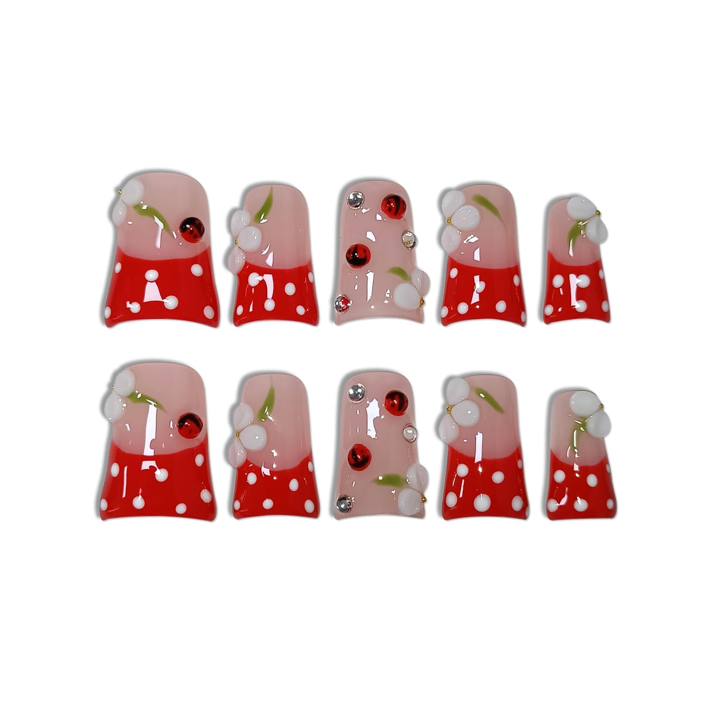 Duckbill Press on Nails - Red French with White Polka Dots & Glass Beads | Glossy Handmade False Nails | Kawaii Cherry Style for Spring(S)